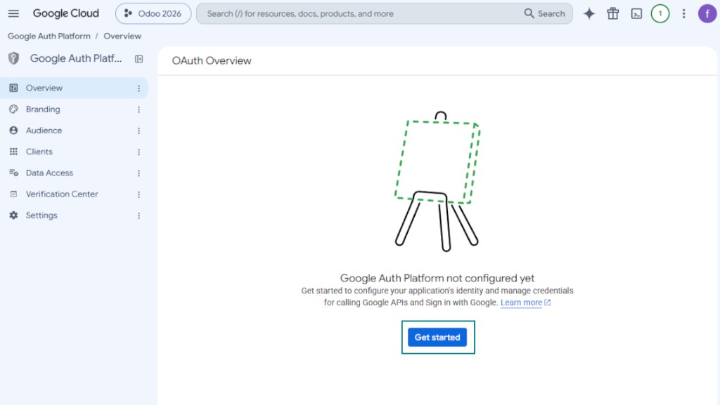 Google Auth Platform: the Get Started button
