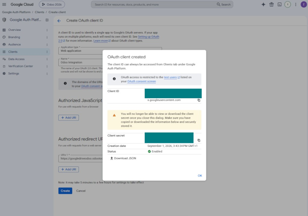 Google OAuth client credentials shown only once
