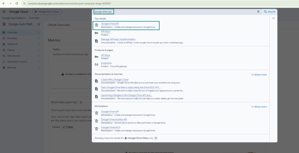 Searching for the Google Drive API in the console