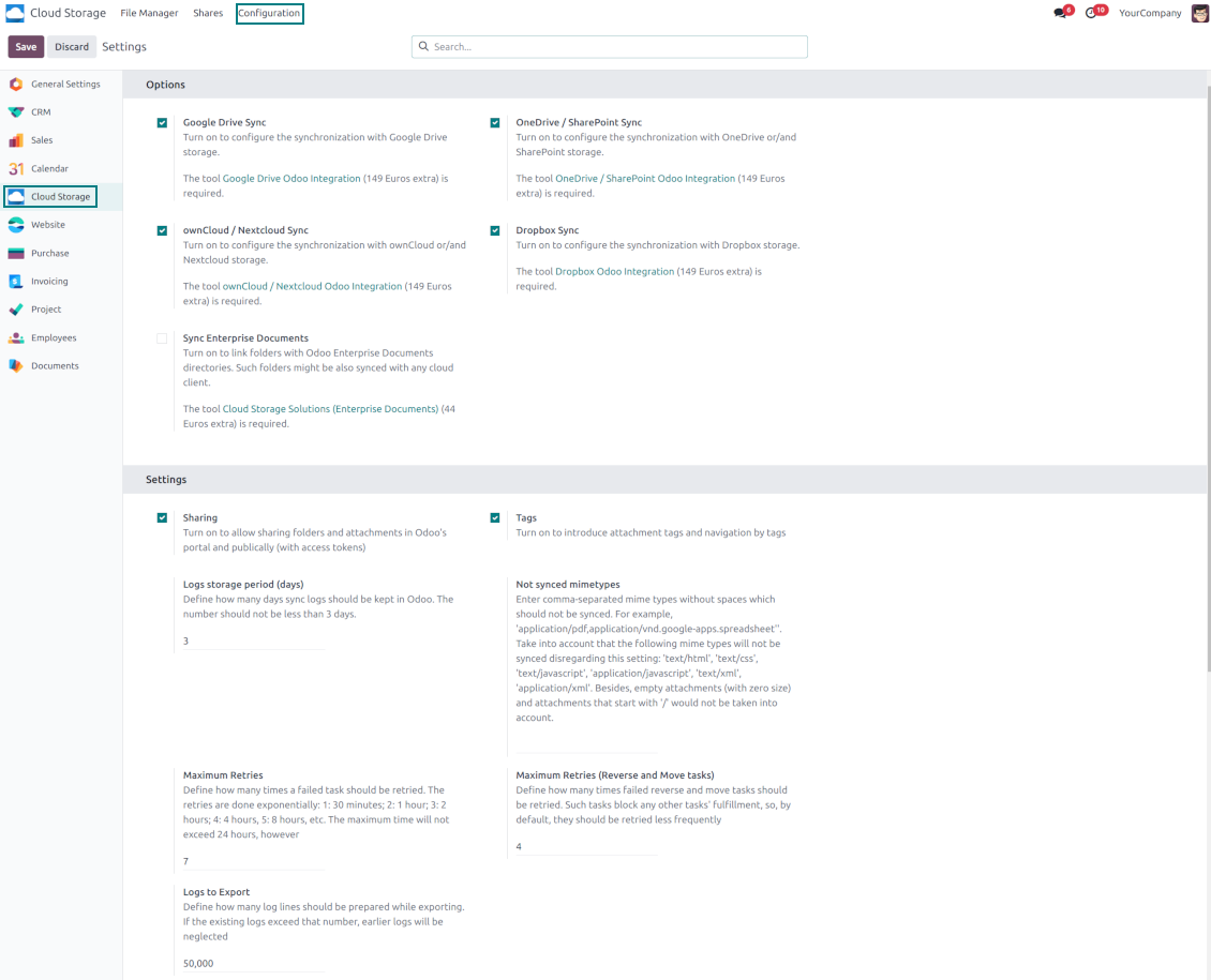 Configurarea managerului de fișiere Odoo