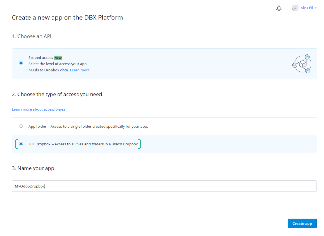 Aplicație Dropbox API pentru conectarea la Odoo