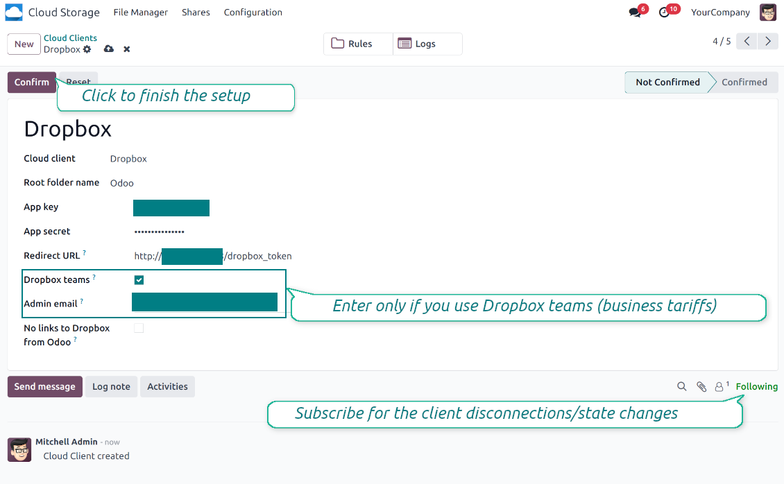 Setări Odoo pentru Dropbox