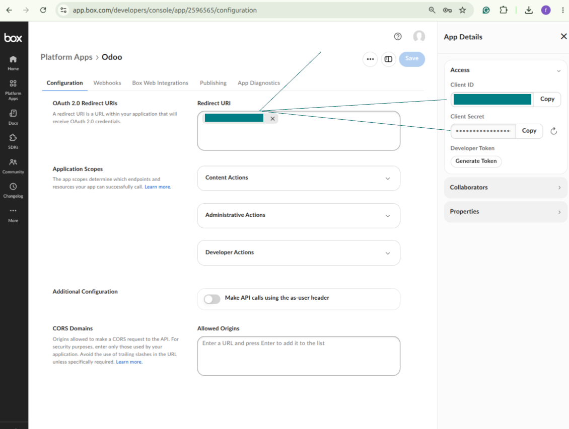 Copiați Box OAuth 2.0 client ID și client secret și setați URI-ul de redirecționare pentru Odoo