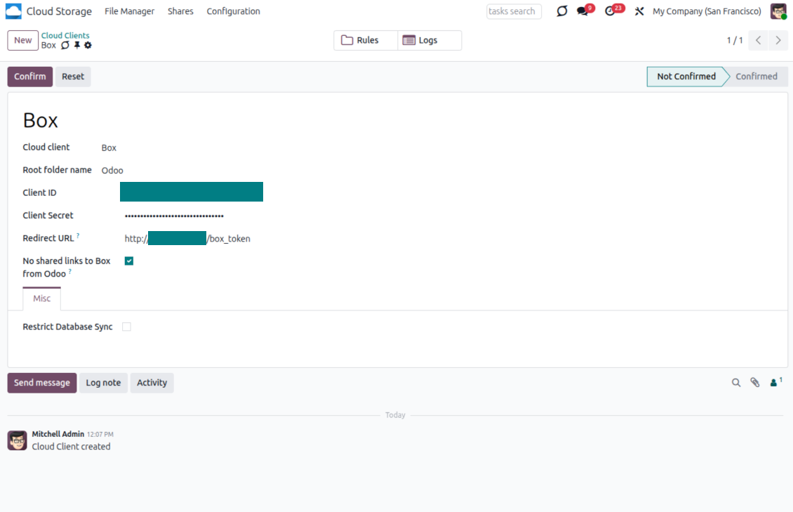 Introduceți Box client ID, client secret și redirect URL în configurația clientului cloud Odoo