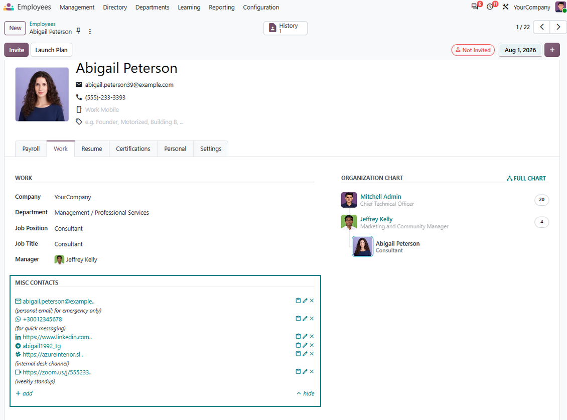 Employee form with structured extra contact details