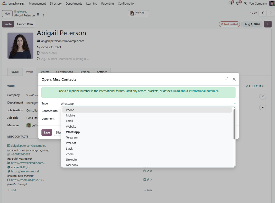 Employee contact type options for phone email and social