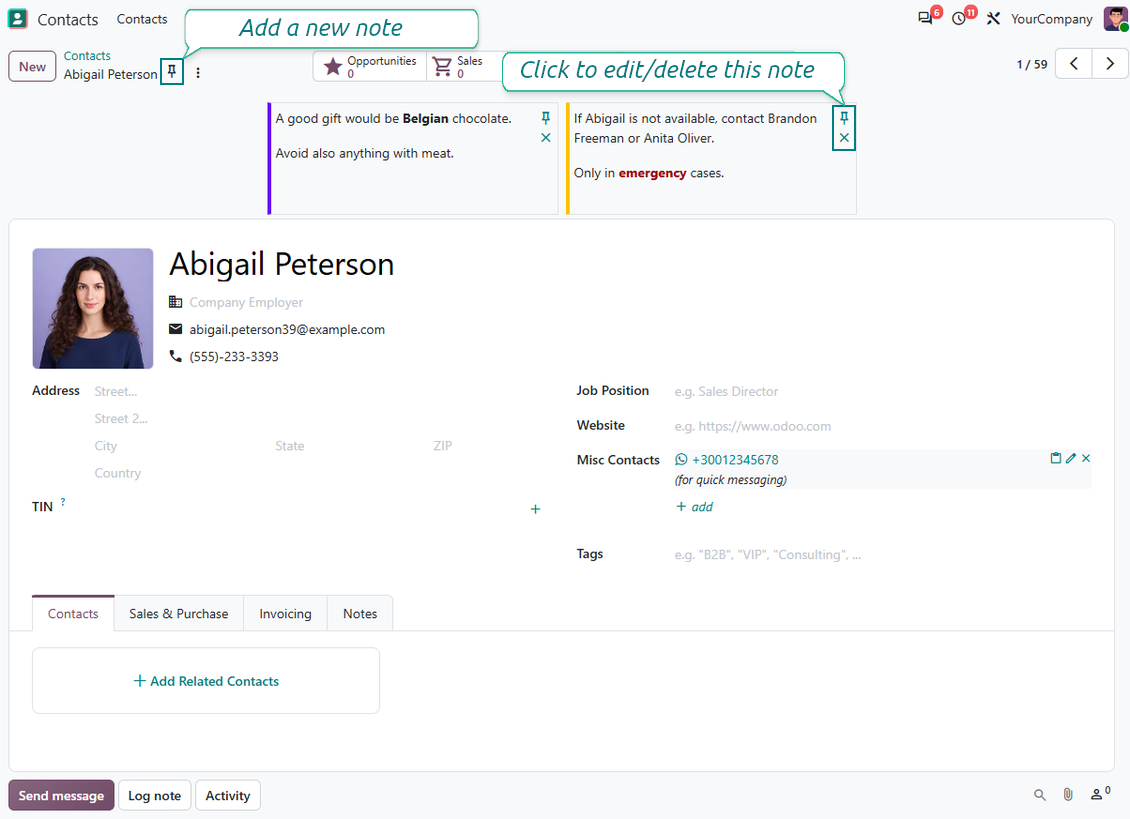 Colored sticky note pinned to the top of an Odoo contact form