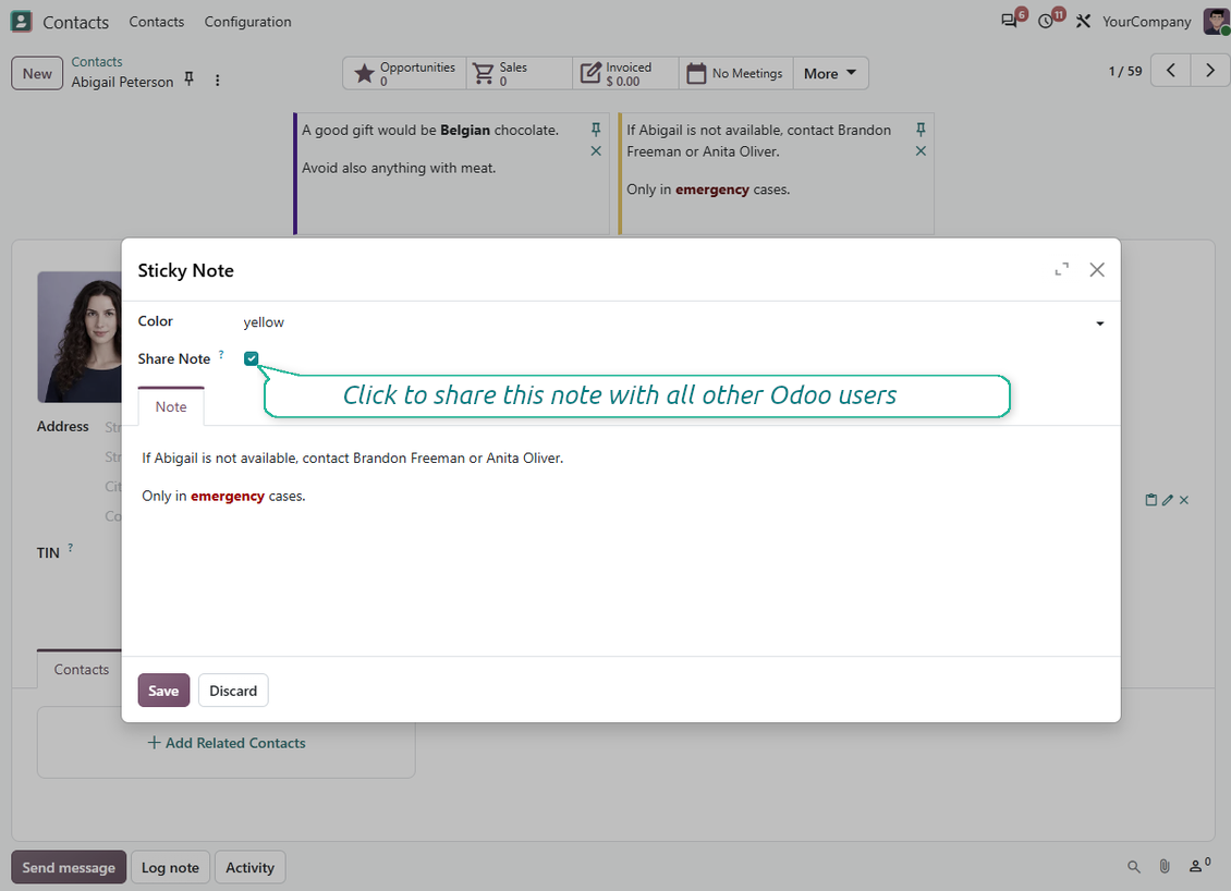 Odoo sticky note editor with color and Share Note options