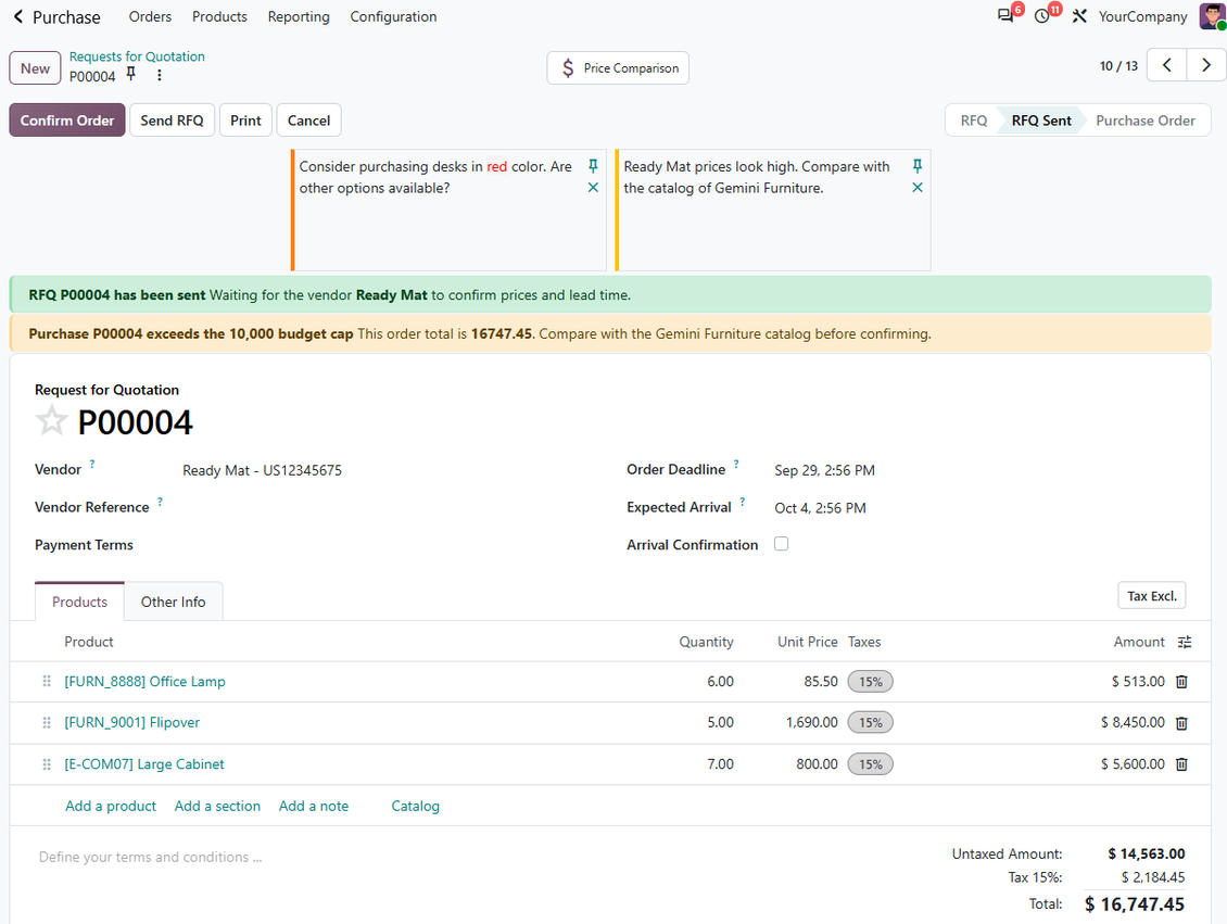 Sticky note with supplier instructions on an Odoo purchase order
