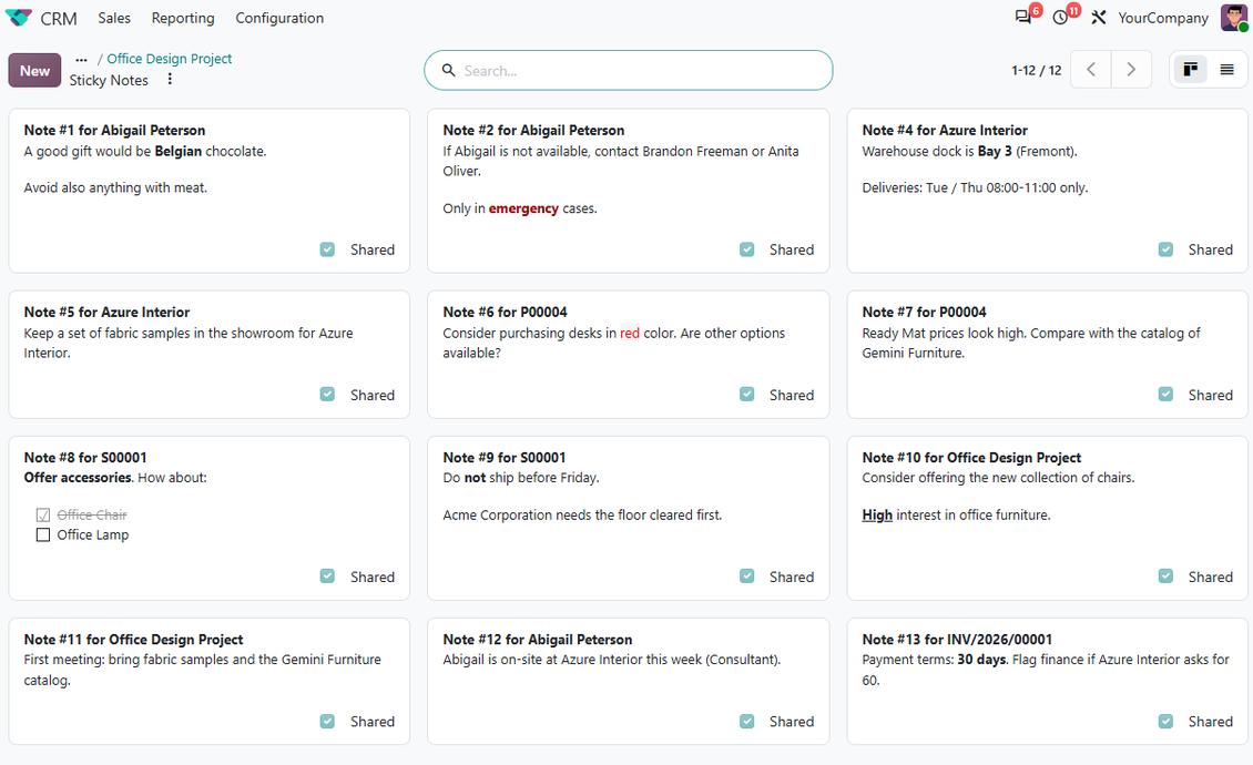 Kanban overview of Odoo sticky notes with archive and shared filters