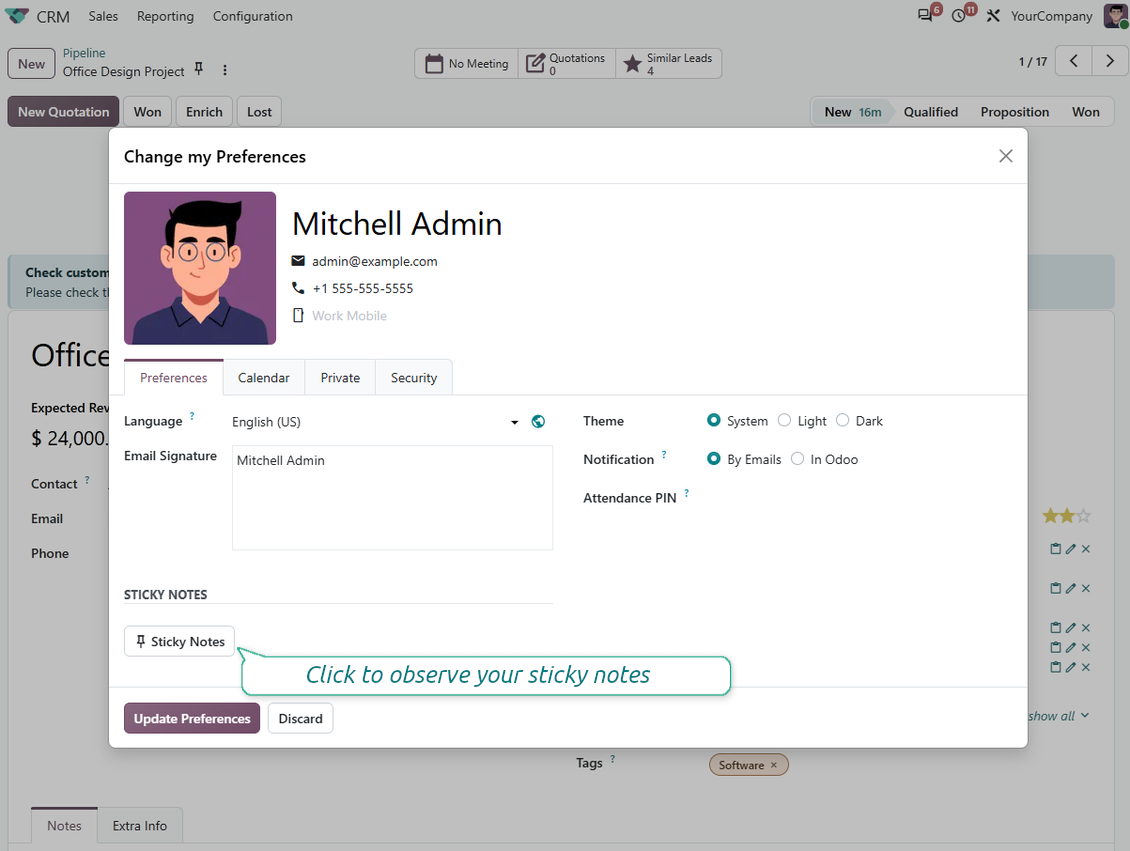 Sticky Notes button in Odoo user preferences for quick access to all notes