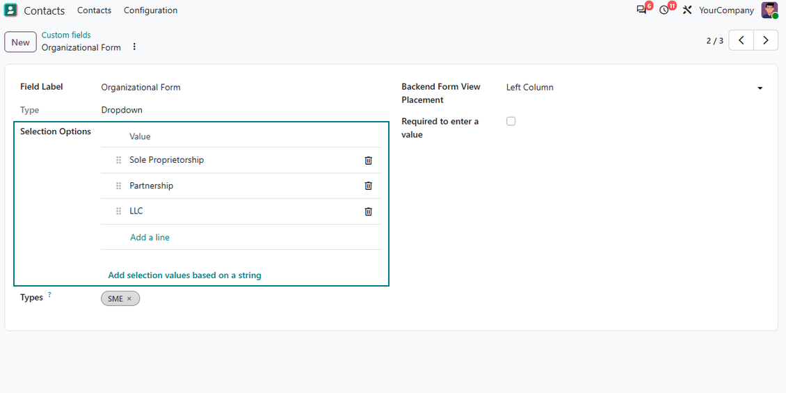 Champs de sélection pour contacts Odoo