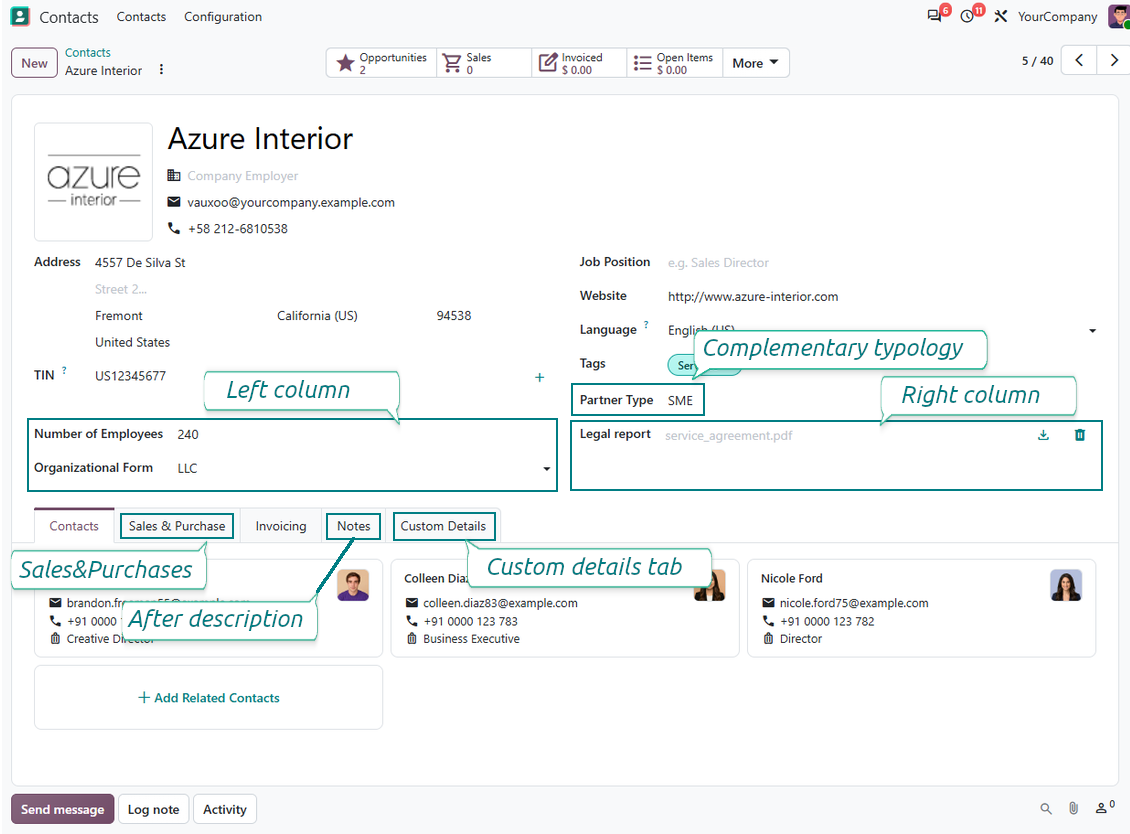 Vue formulaire Odoo personnalisée des contacts
