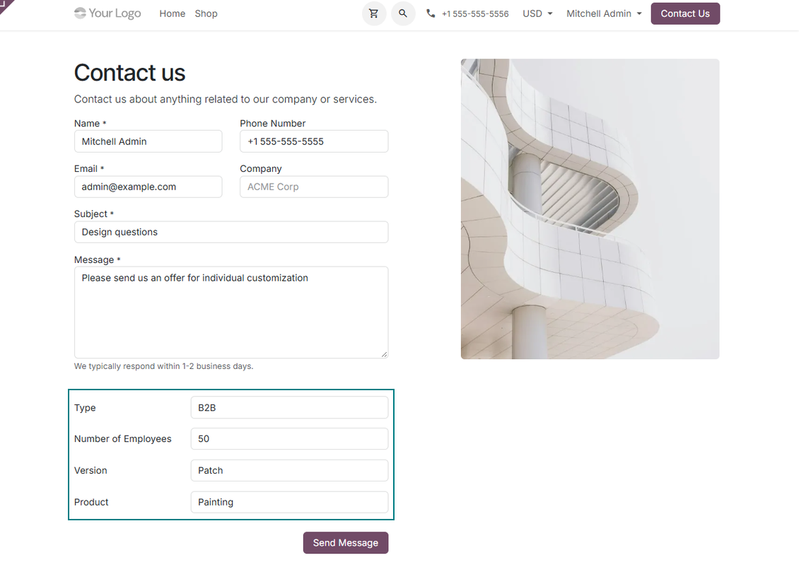 The website contact us form: custom fields