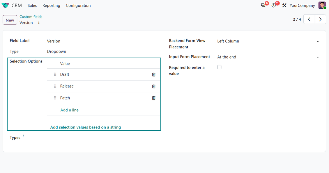 Selection fields for CRM opportunities and leads