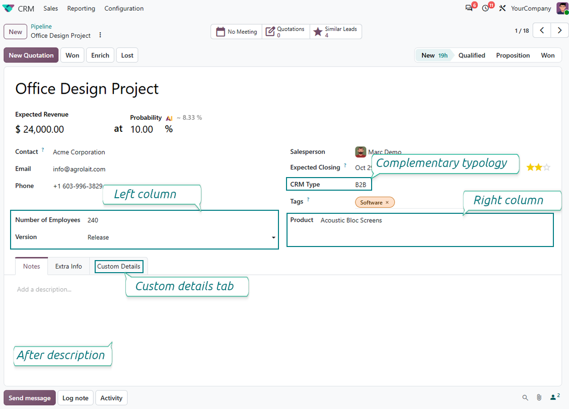 Customized form view of CRM opportunities