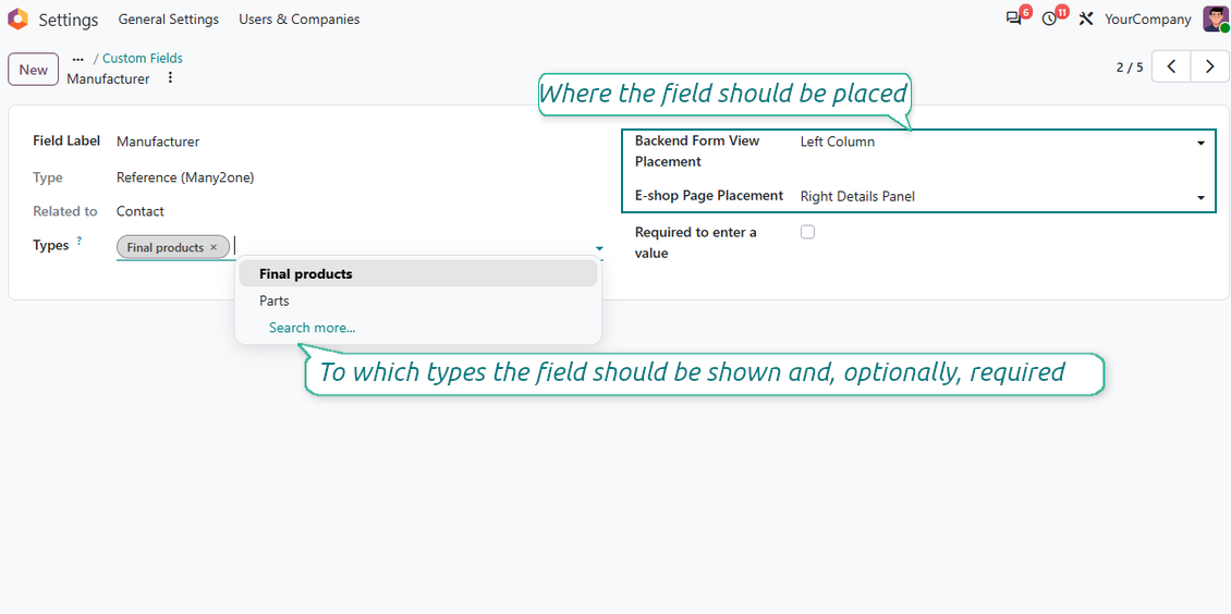 Odoo product custom fields limited by complementary product types