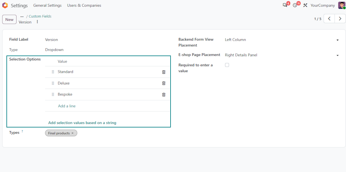 Selection fields for product templates