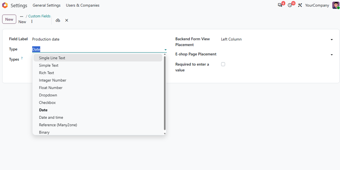 Field types for custom products