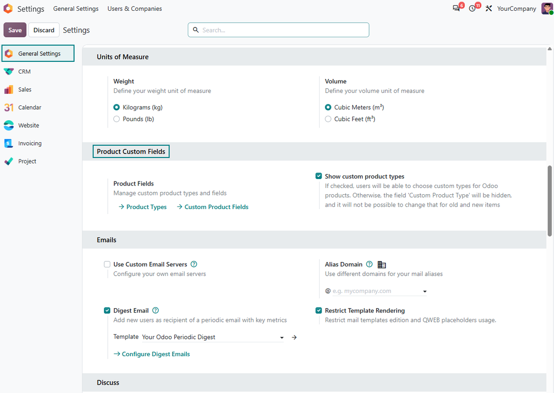 The configuration page for custom fields of products
