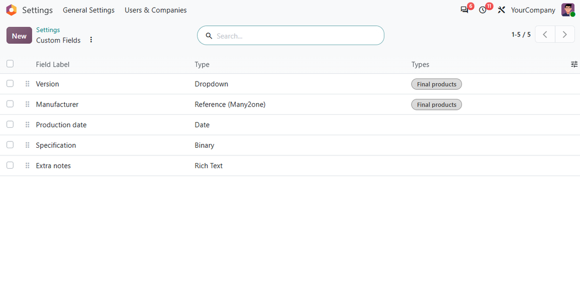 Odoo list of product custom fields