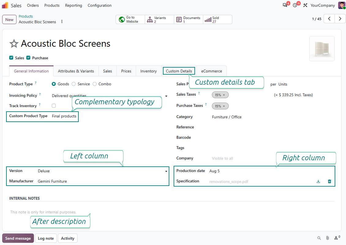 Customize properties of Odoo products