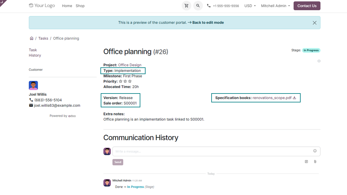 Portale lavori Odoo con campi personalizzati opzionali per utenti esterni