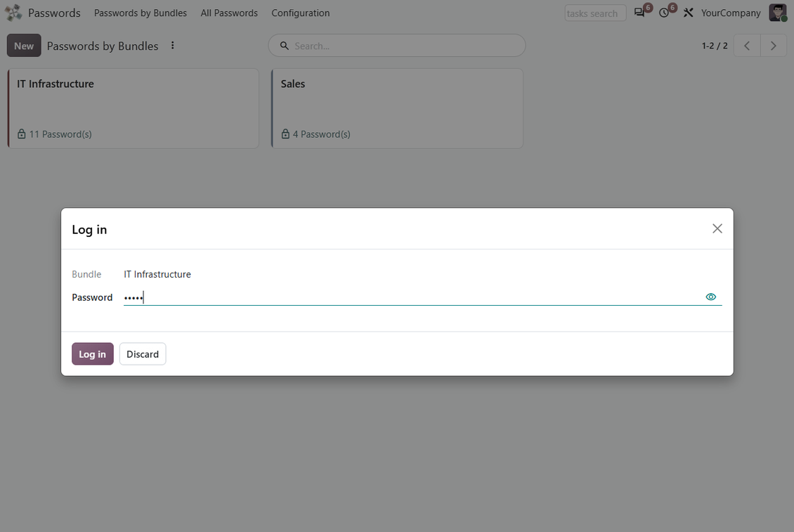 Password confirmation dialog required before opening a protected Odoo password bundle