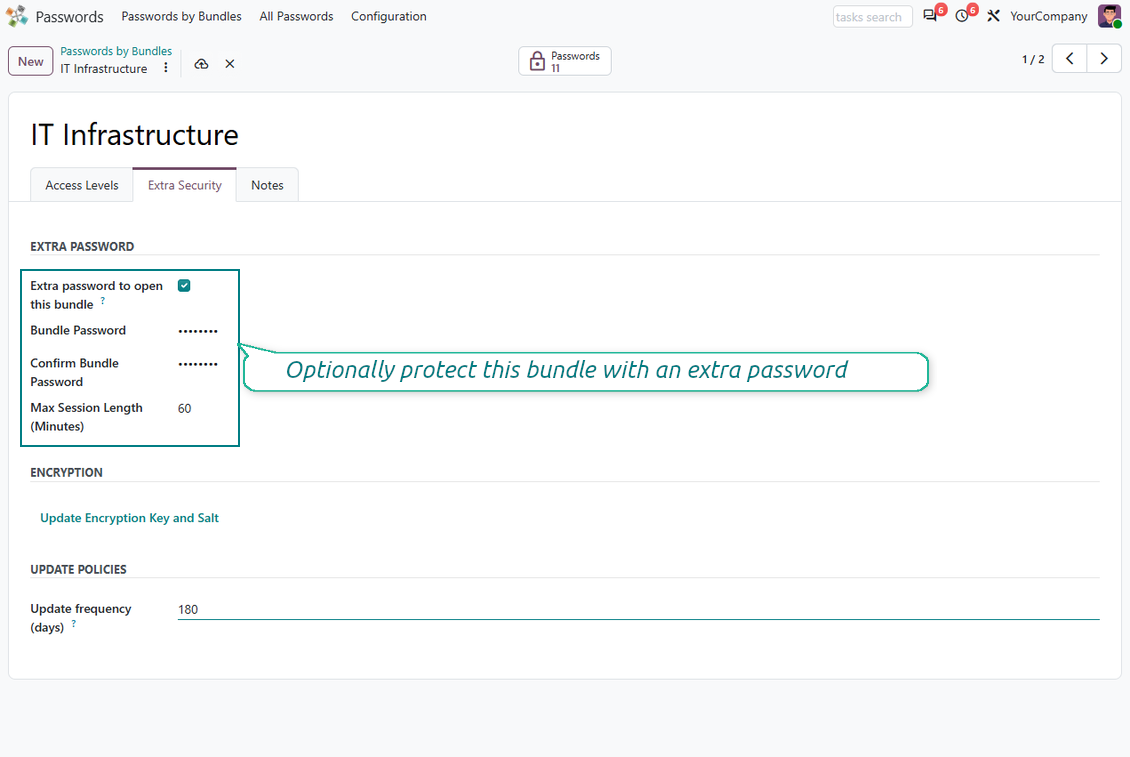 Extra password setting for protecting an Odoo password bundle with an additional vault password