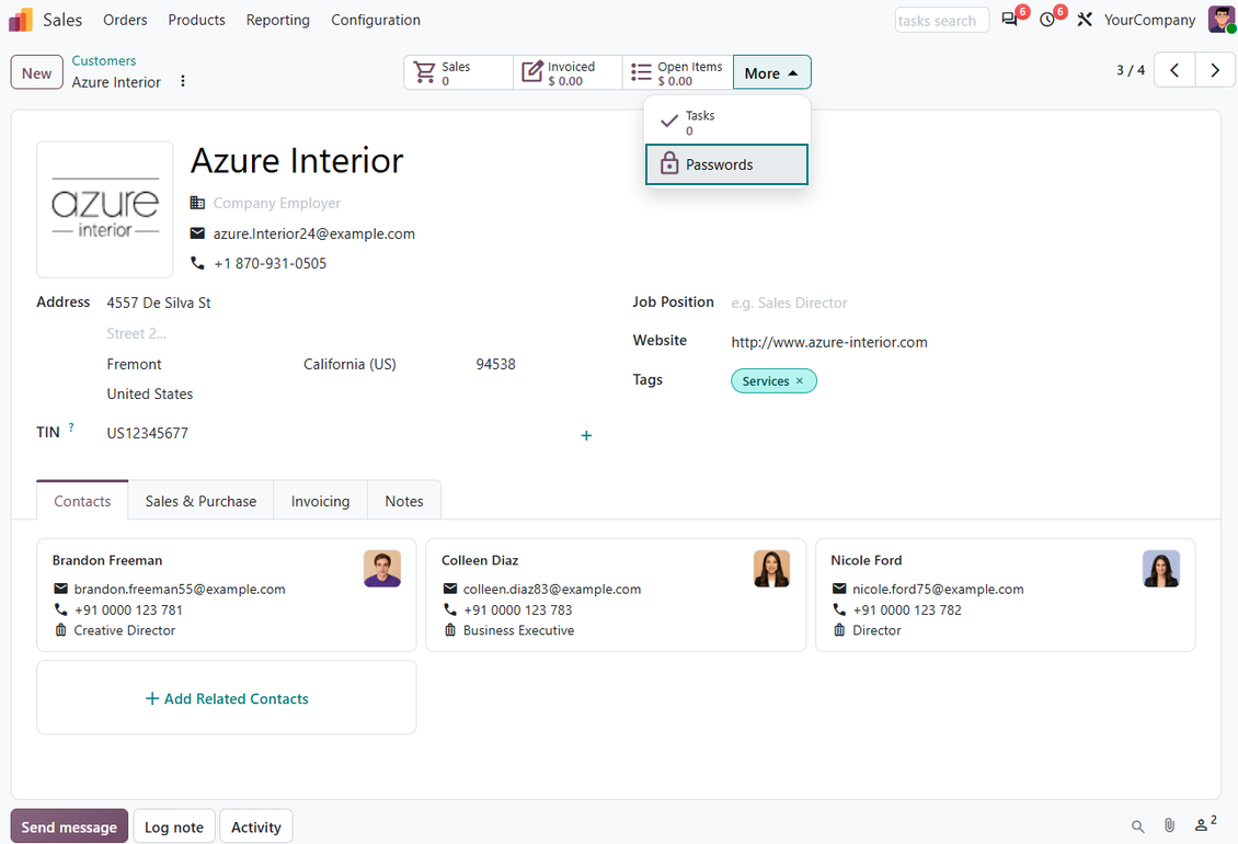 Odoo contact-related passwords showing credentials linked to partners without granting portal access automatically