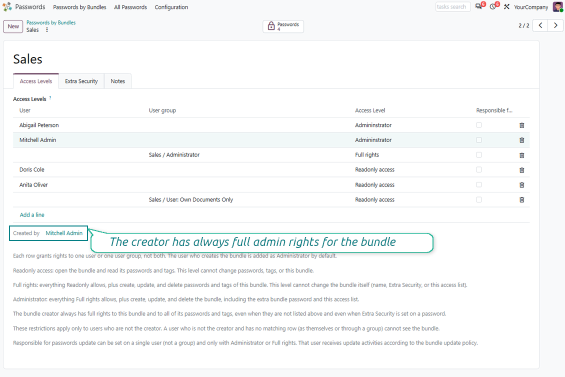 Odoo Password Manager access levels showing team permissions for a shared password vault