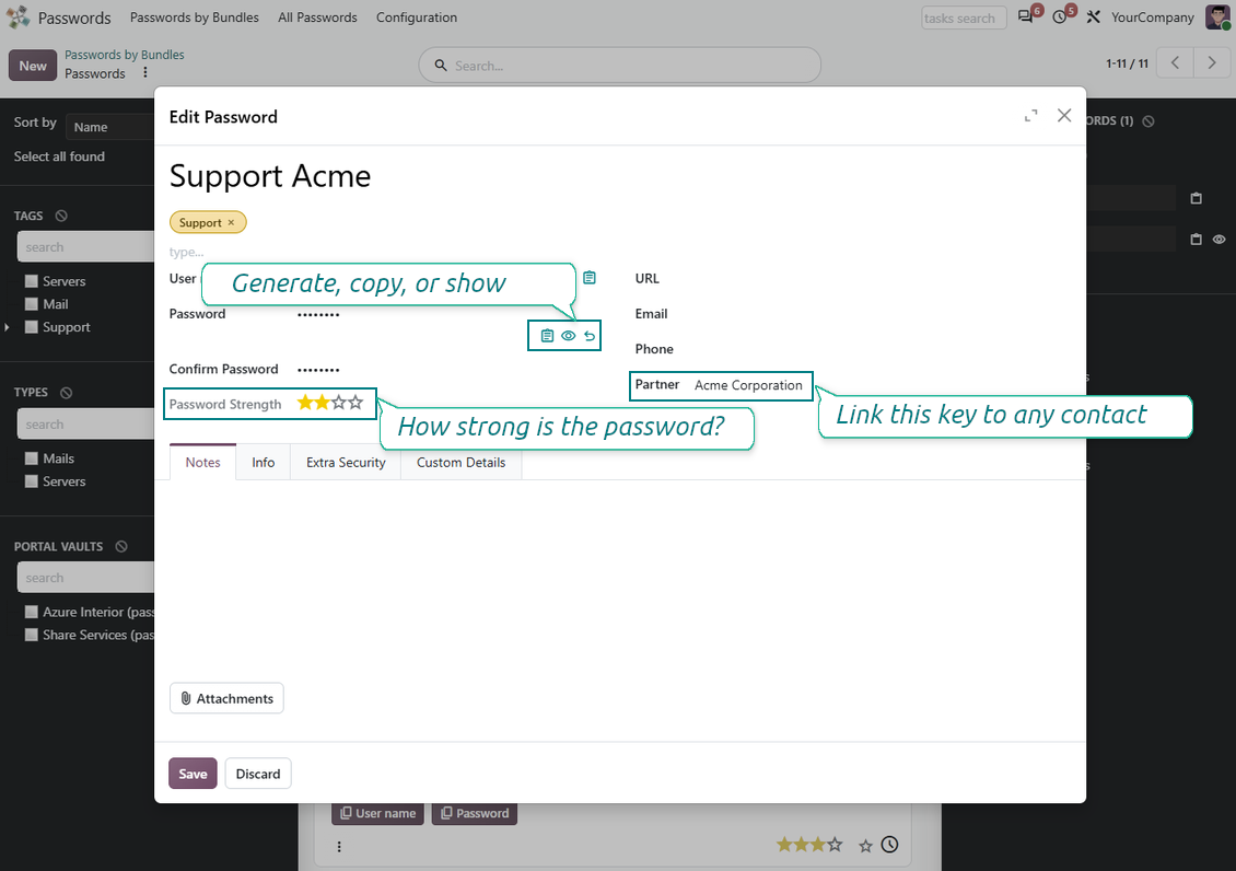 Password form view showing actions for managing an Odoo password key inside a shared vault