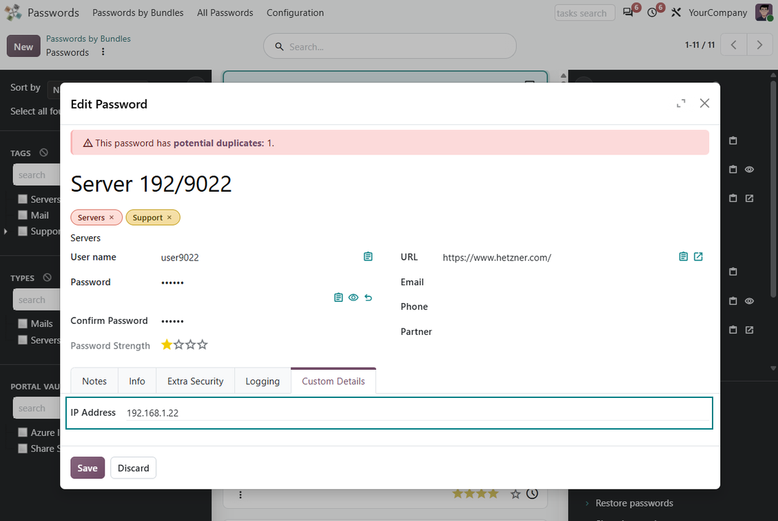 Password form showing custom fields added for specific Odoo credential types