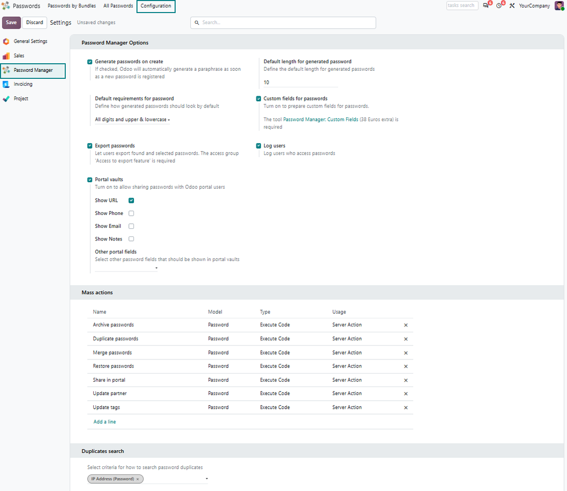 Odoo Password Manager configuration page for generator, portal vaults, duplicates, logging, and mass actions