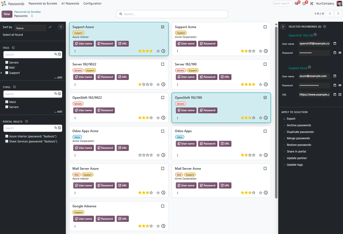 Odoo Password Manager interface with password cards, tags, strength indicators, and quick credential actions