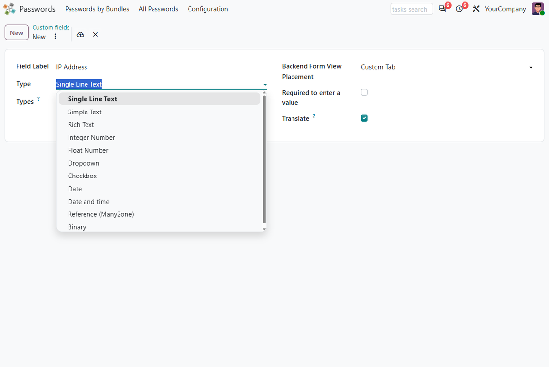 Custom password field type selection for extending Odoo Password Manager records