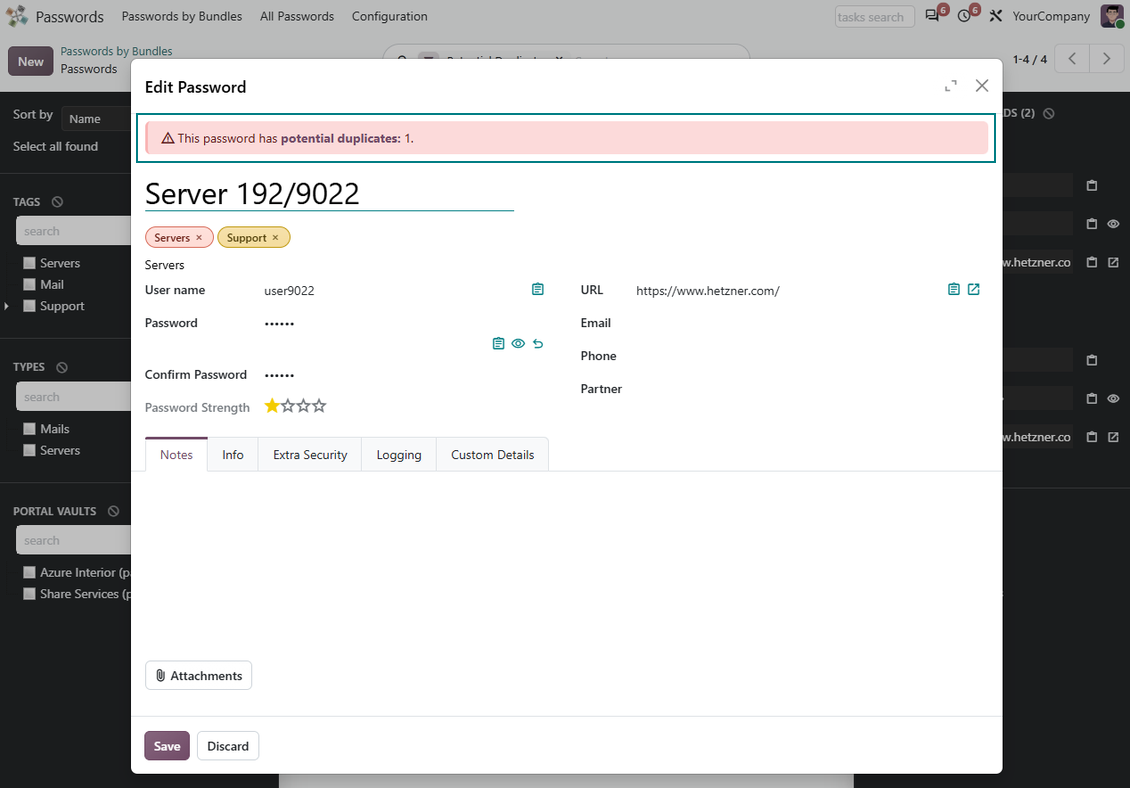 Password creation form warning users about possible duplicate credentials before saving