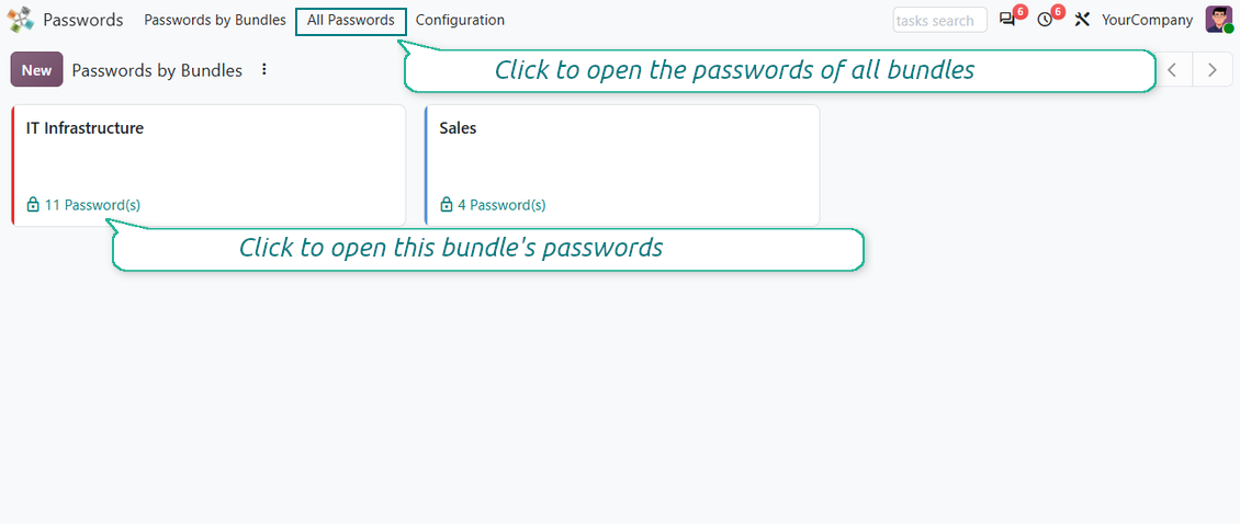 Password bundles kanban showing shared vaults organized for team credential management
