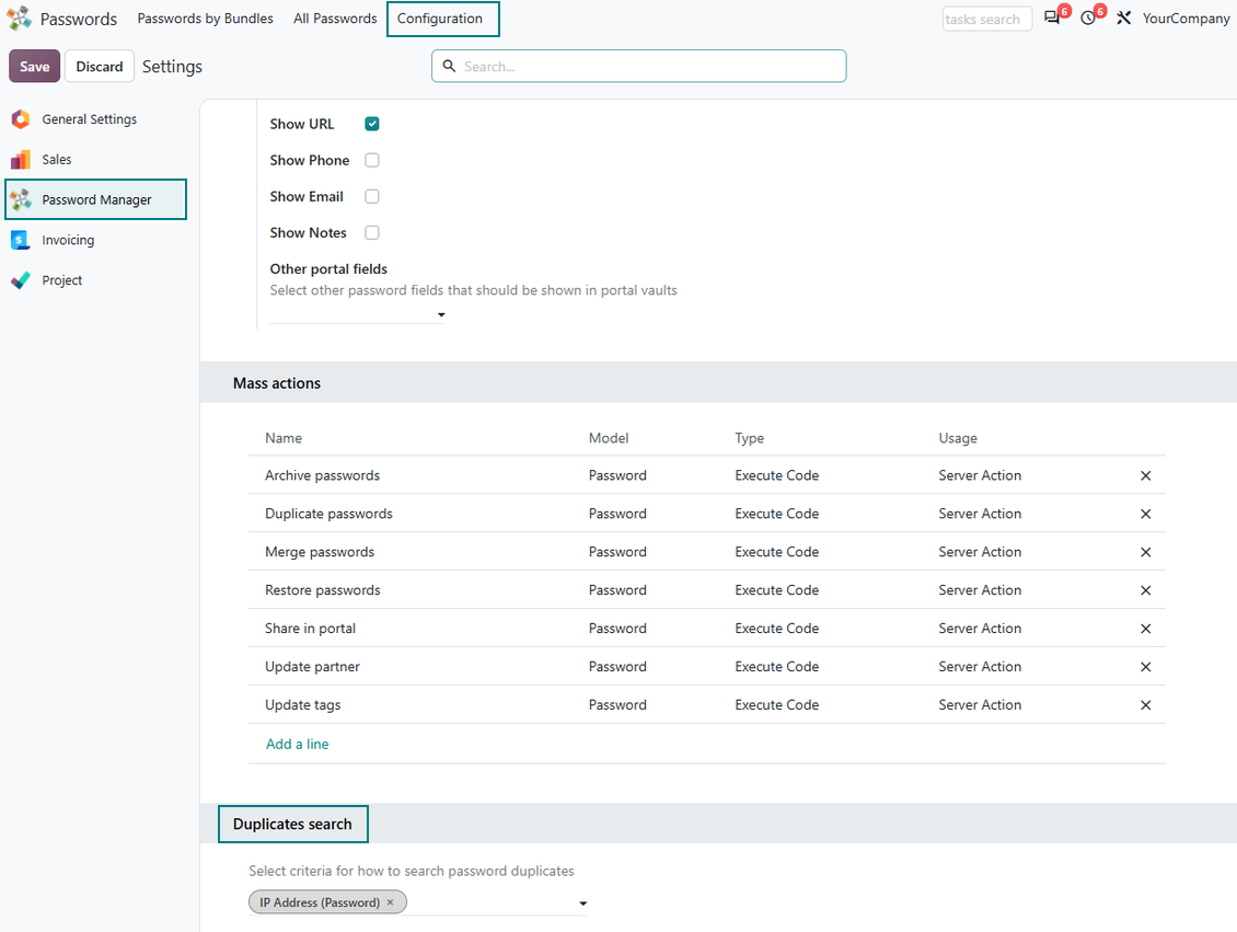 Odoo Password Manager settings for choosing fields used to detect duplicate credentials