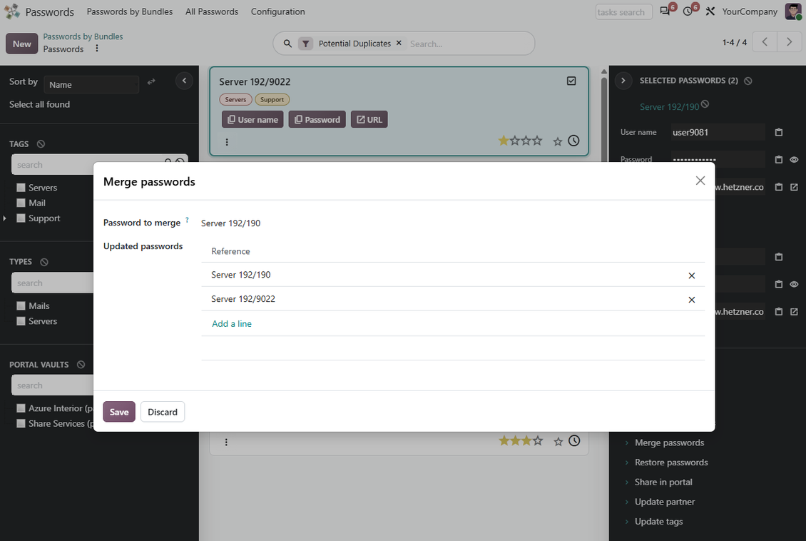 Password merging wizard combining duplicate Odoo password records while preserving useful data