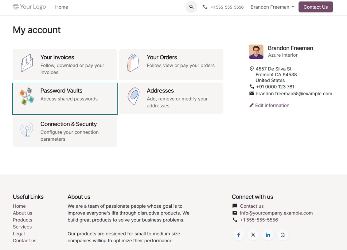 Odoo portal home page showing the Password Vaults entry for customer password access