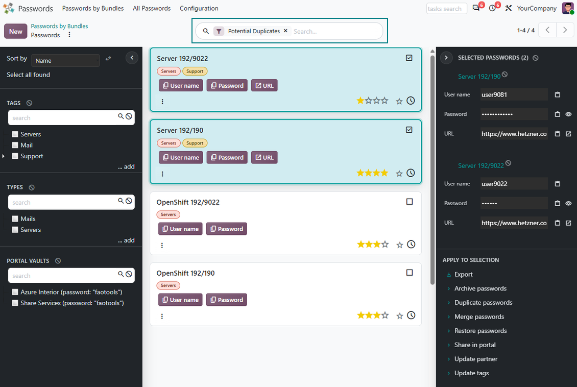 Odoo Password Manager filter showing possible duplicate password records for review