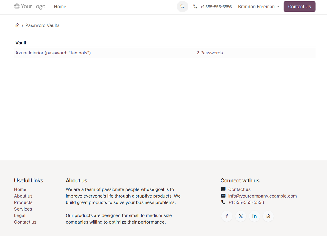 Odoo backend list of portal password vaults available from the Password Manager navigation panel