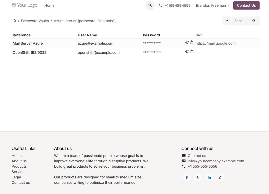 Customer portal password vault showing shared credentials with show, hide, search, and column navigation