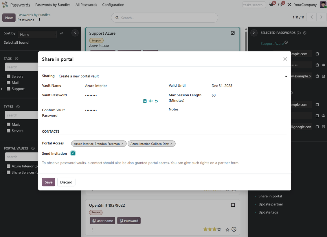 Mass action for sharing selected Odoo passwords with portal contacts through a protected vault
