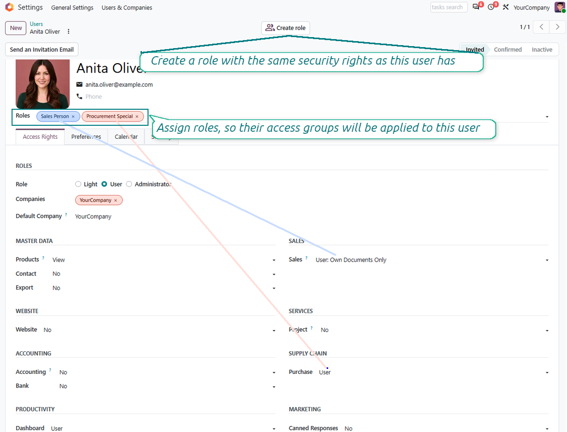 Odoo user form showing security roles that simplify access group management