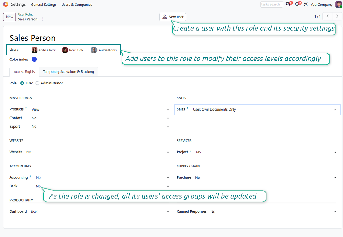 Security role form combining Odoo access groups for repeated use