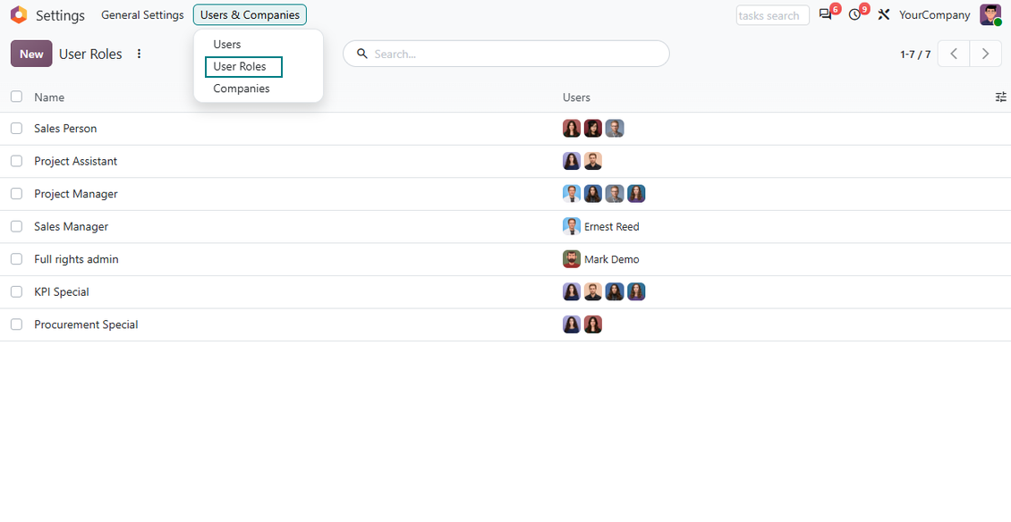 Security User Roles overview showing reusable Odoo roles built from user permissions