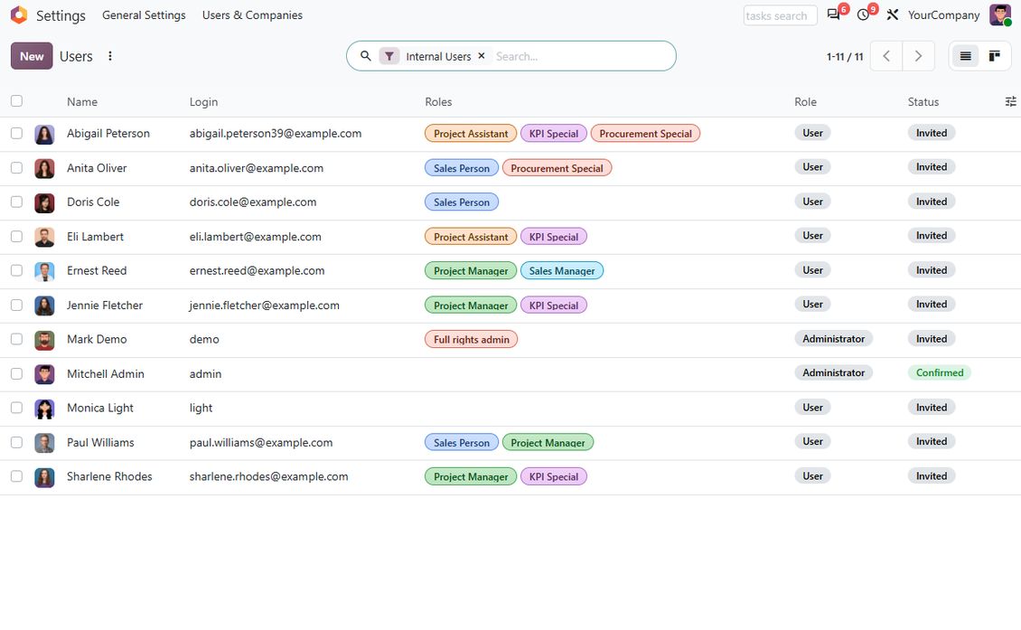 Users list showing assigned Odoo security roles for multi-role access control