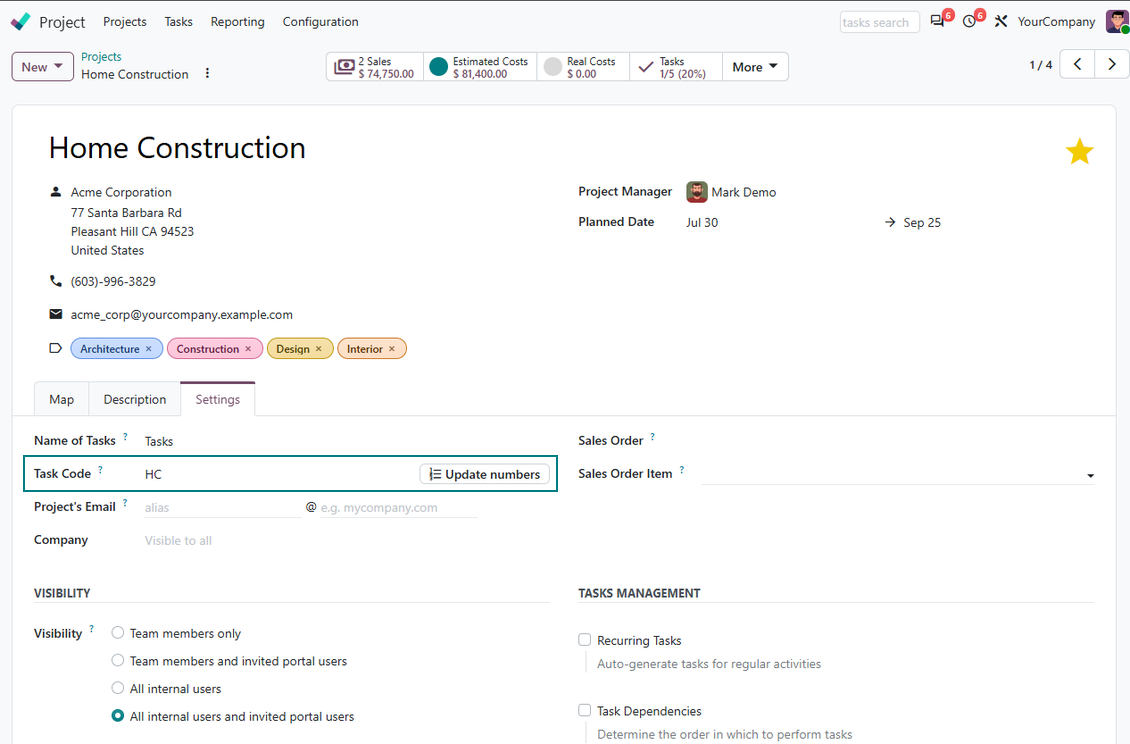 Project code in tasks' sequence